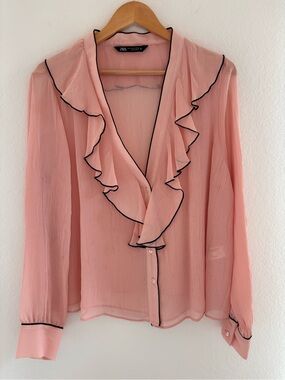 Zara Blush Pink Ruffle-Front Sheer Blouse with Black Trim